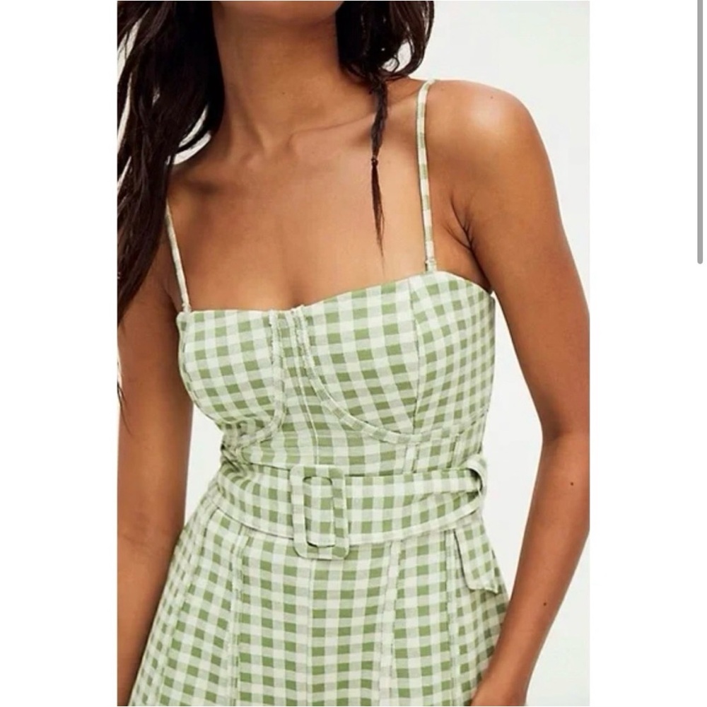 Free People Hold Me Tight Green Gingham Jumpsuit with Belt - Xsmall